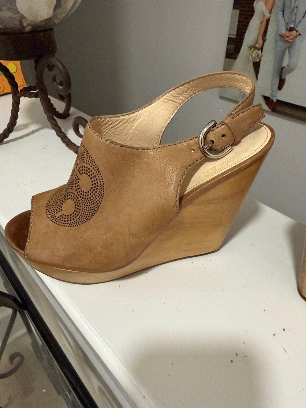 COACH Women's Tan Leather Perforated Slingback Wedge Sandals - Picture 5 of 10